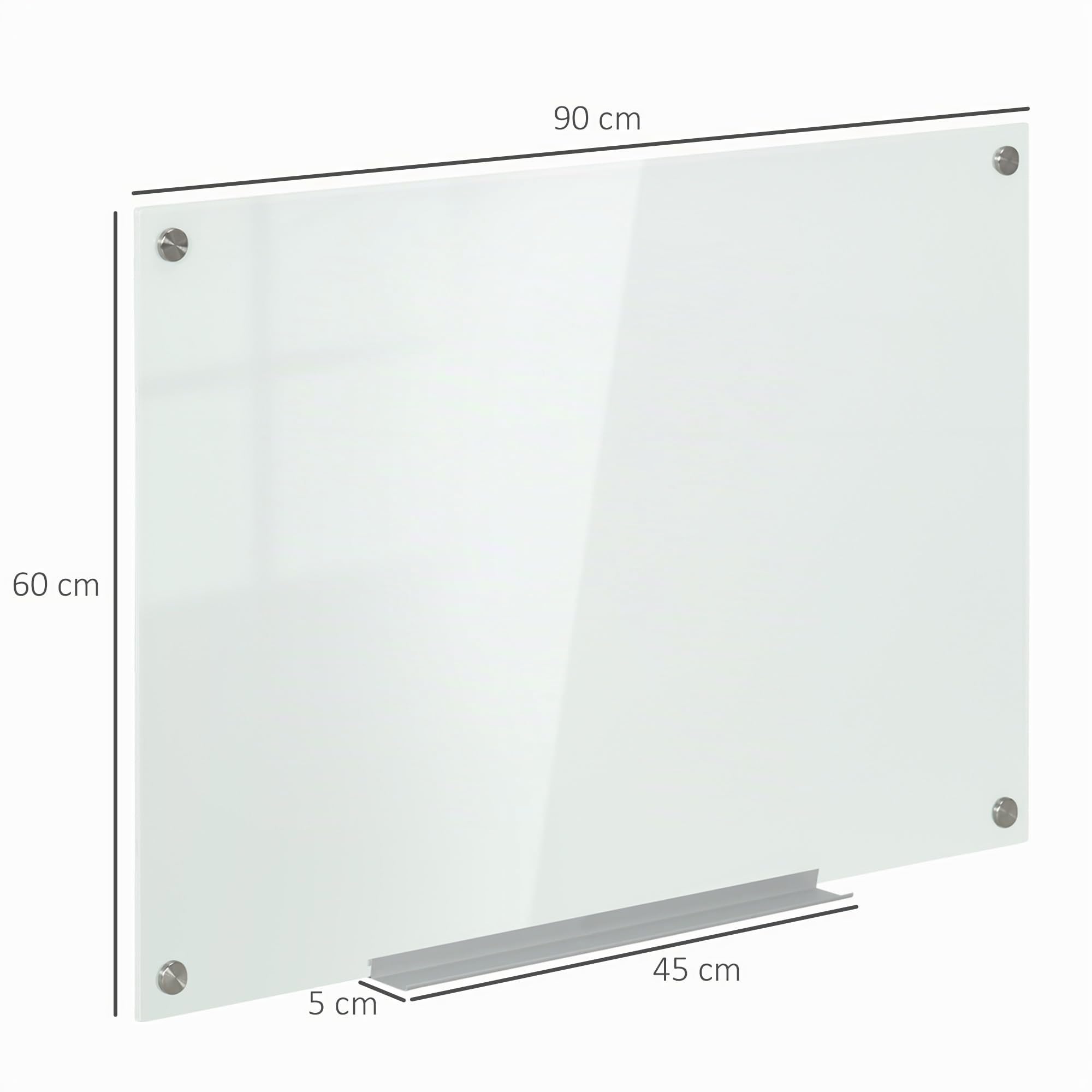 Vinsetto Magnetisches Whiteboard 90 x 60cm Glas Stiftablage mit 4 Stifte | Glas Magnettafel, Trocken Abwischbar, Magnetwand, 6 Magnete, Radiergummi, Magnetisch Pinnwand, Büro Schule Küche Zuhause