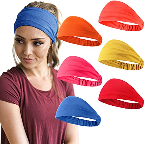 6 Pieces Headbands for Women Elastic Yoga African Head Wraps Stretchy Sweat Boho Hair Band for Girls Workout Running (Royal Blue, Yellow, Orange, Red, Rose Red, Pink)