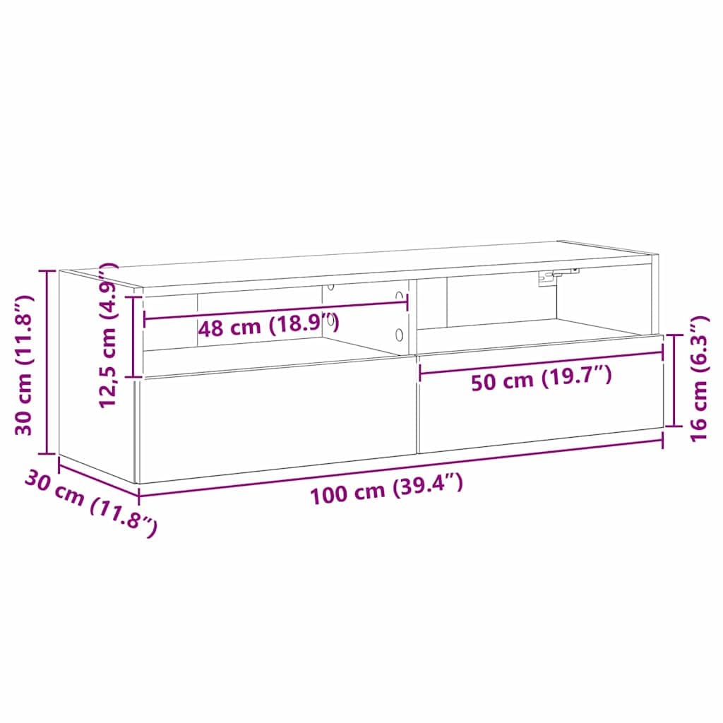 Mobile da parete per TV, in legno anticato, 100 x 30 x 30 cm, con 2 ante e ripiani, montaggio a parete, spazio per soggiorno, HiFi, gaming, home theater, ordine, salvaspazio