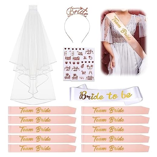 Mkitnvy Despedida de Soltera Accesorios, 15PCS Novia to Be y Team Bride Fajas Set con 10 Team Bride Fajas, 1 Novia Pulsera, Velo, Tiara, Tatuajes, Decoraciones de Despedida de Soltera