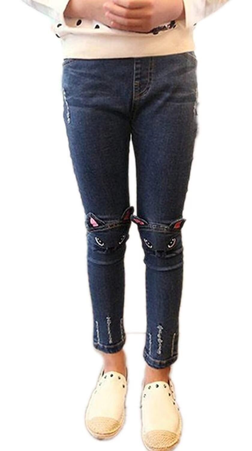 Pantalones de mezclilla ajustados para niñas grandes, con agujeros rasgados, color azul y gato