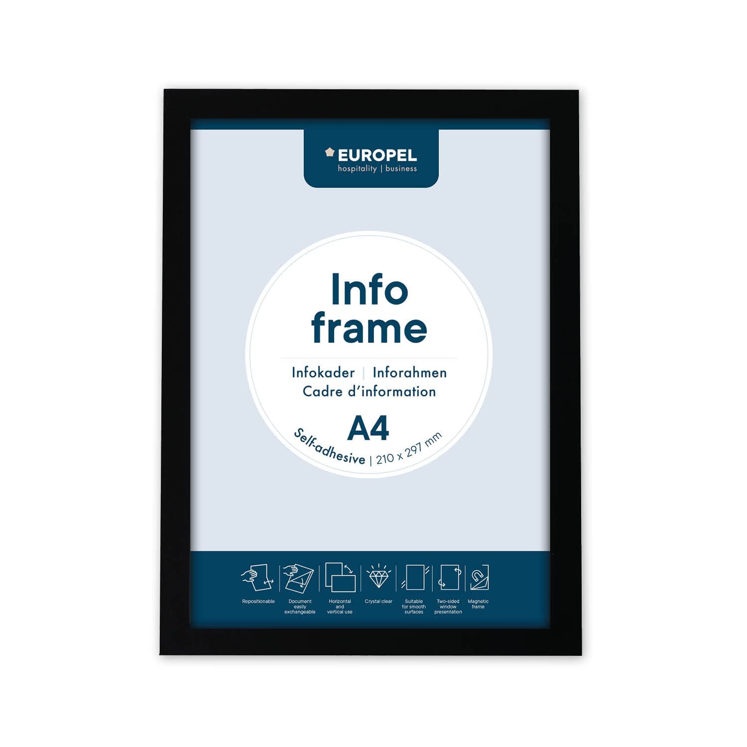 EUROPEL Samoprzylepna magnetyczna ramka informacyjna z PCW, A4 czarna, zestaw 2 sztuk, łatwe odklejanie za pomocą magnesu, dwustronna, format pionowy lub poziomy, 32,5 x 23,8 cm