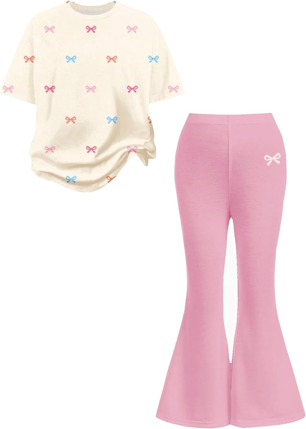 Alopncy Tween Girls 2PCS Outfit Set 8-13Y Crop Top & Flare Pants with Bowknot and Heart Print Casual Girl Clothes