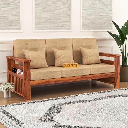 Image of Sheesham Wooden 3 Seater Sofa for Living Room | Rosewood 3 Seater Cushion Sofa Side Half Moon Rack | Solid Wood Sofa Set for Lounge (3 Seater,Honey)