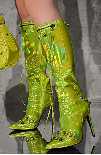 Cape Robbin Womem Knee High Boots Pointed Toe Stiletto Heels Side Zipper Rivets Tassels Boots4