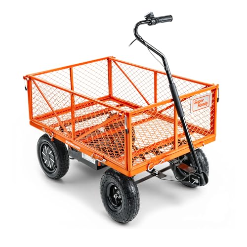 SuperHandy Electric-Assist Garden Cart - 5.7 Cubic Ft Utility Wagon, 440lbs Load, All-Terrain 10in Wheels, Anti-Rust Steel Frame, Convertible Flatbed Design