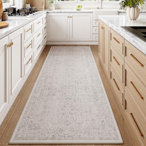 PureCozy Gray Runner Rug 3x7 Hallway Machine Washable Kitchen Vintage Distressed Non Slip Long Carpet Indoor Grey Retro Floral Bedroom Accent Throw Rug for Bathroom Office Laundry Dining Liv