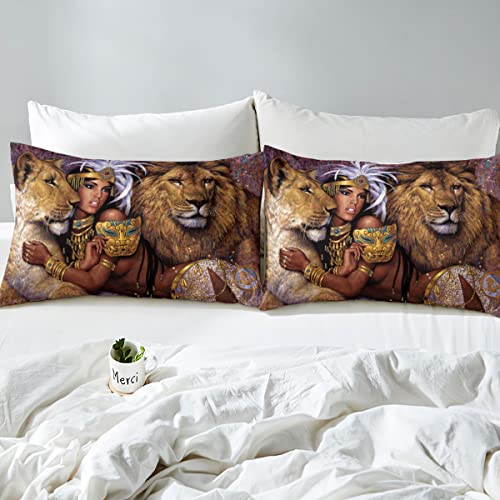 Vivihome 3Pcs African American Bedding Set, King Duvet Cover, Sexy Black Girl Duvet Cover, Safari Wild Animals Lion Duvet Cover, Comforter Cover, Quilt Cover, Bedroom Decor For Women, 2 Pillowcases #TOP3