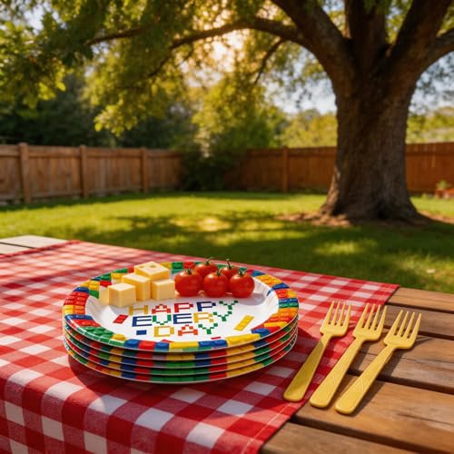 96Pcs Building Block Party Supplies, Colorful Building Block Themed Tableware Includes Building Bricks Plates and Napkins, Forks for Baby Shower Birthday Party, Serves 24 — view 5
