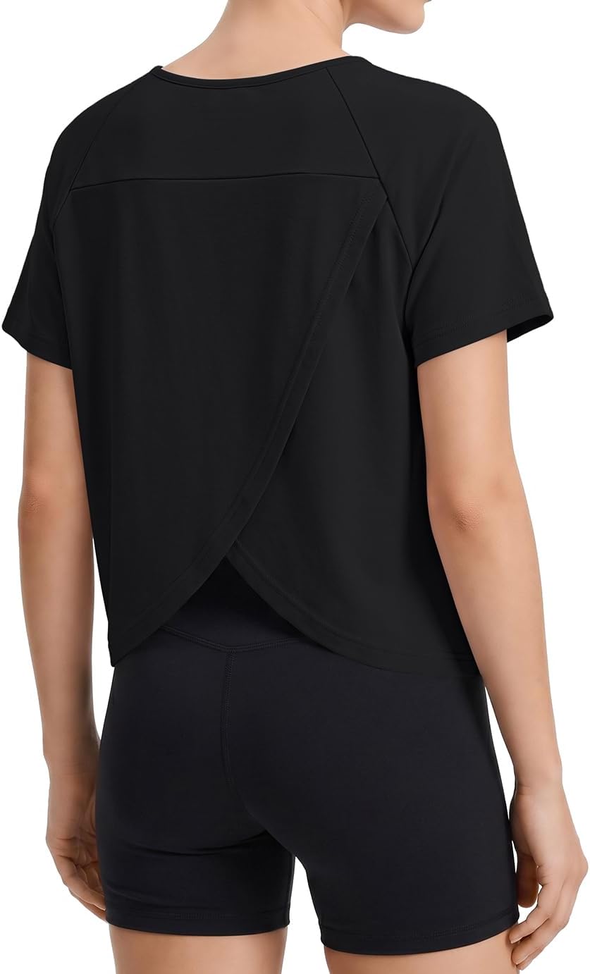 Cotton Workout Tops for Women UPF 50+ Split Back Short Sleeve Crop Shirts | Yoga T-Shirts, Basic Solid Athletic Cop Tops, Trendy Womens Tops, Stretch Running Golf Hiking Active Summer Cropped Shirts
