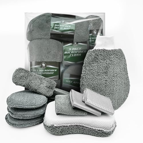 EOFJRUC 9-Piece Car Cleaning Kit - Complete Car Detailing Tools Set with Tire Brush, Wash Sponge, Microfiber Towels & Mitt, for Interior Exterior Auto, Truck, SUV, RV, Window & Glass Cleaning