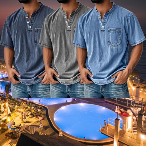 Mokaloha Men's Retro Stand Collar Casual Pocket Solid Color Short Sleeve Henley Shirt Comfortable Versatile Fashion3