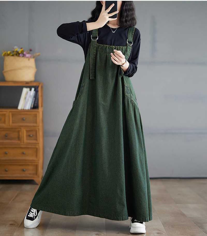 Image of Boho Jumper Dress for Women Loose Overall Pinafore Dresses Adjustable Straps Wide Hemline with Pockets Baggy Style