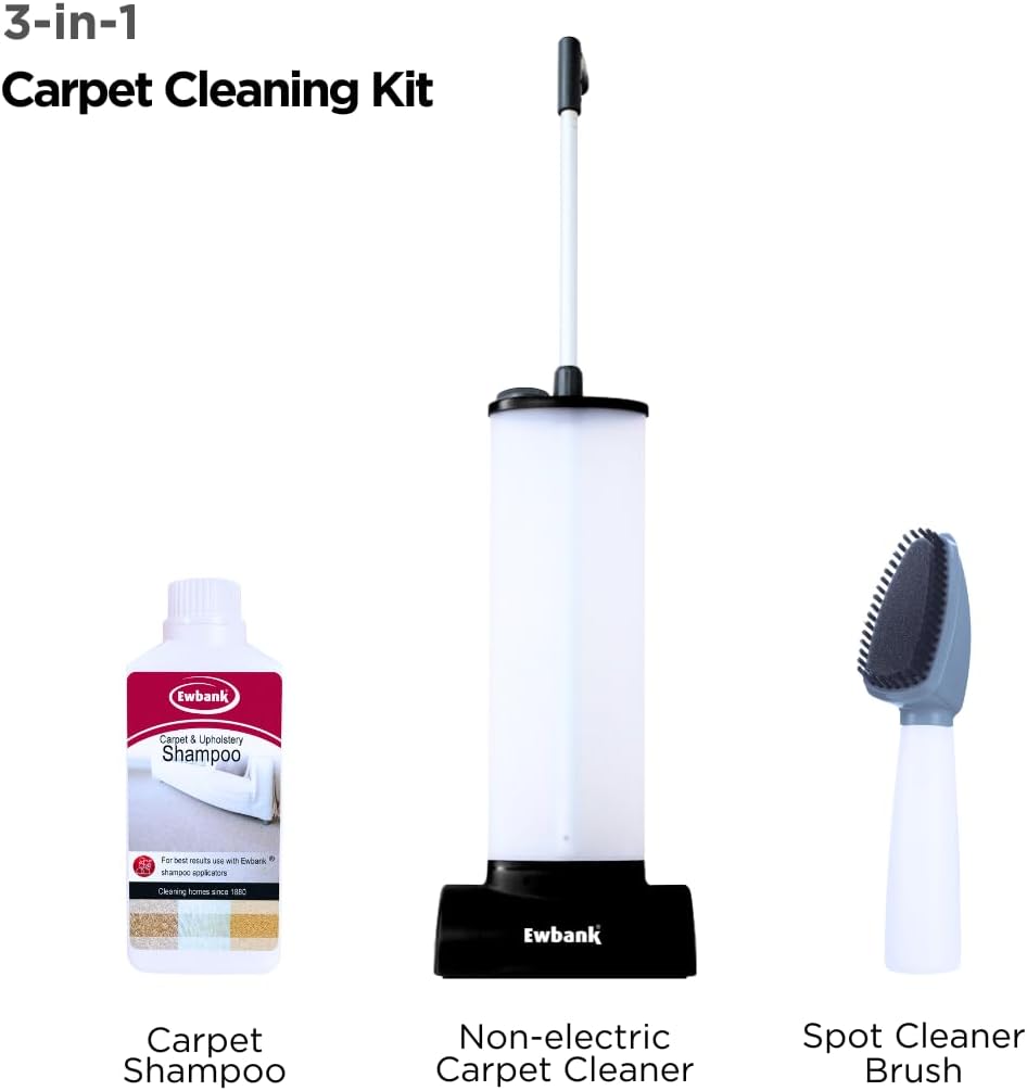 Carpet Cleaning Kit - Compact Upright Shampooer, Stain Remover Brush, and Liquid Cleaning Solution, For Rugs, Carpets, Car Interior, Mats, and Upholstery