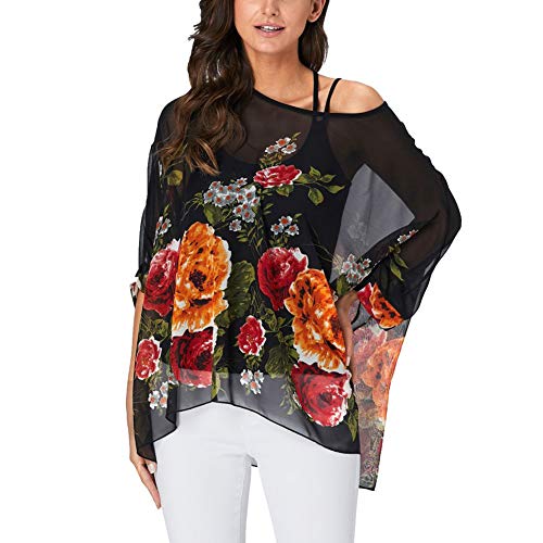 Image of Ckikiou Plus Size Batwing Flowy Semi Sheer Chiffon Blouse Tunic for Women Summer Floral Print Boho Beach Cover ups