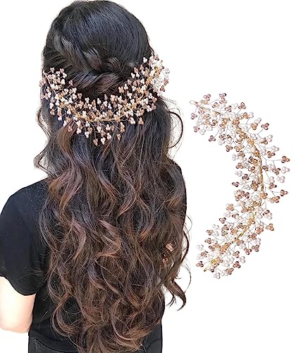 Image of Samyak Crystal Pearl Hair Vine Tiara Headband Headdress Hair Jewellery /Hair pin /Bun Clip For Bridal Wedding Functions Bridesmaid (Golden)