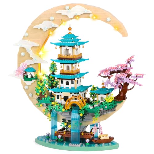Mini China Architektur Klemmbausteine für Erwachsene, Mondpalast Bausteinset mit Japanische Kirschblüte, Sakura Tree Deko Gebäude Set, Leuchtendes Bausatz Geschenk für 14+ Teens Frauen (4288 Stück)
