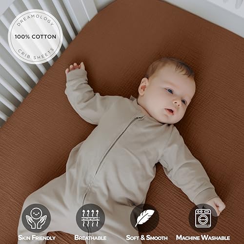 Image of Dreamology Mini Crib Sheets Fitted,Mini Muslin Crib Sheet,100% Cotton | Crib Sheets,Soft,Baby Crib Sheets,Girls,Boys,Pack and Play Sheets Fitted,24x38 Mini Crib Sheet,2 Pack | Caramel,Ecru