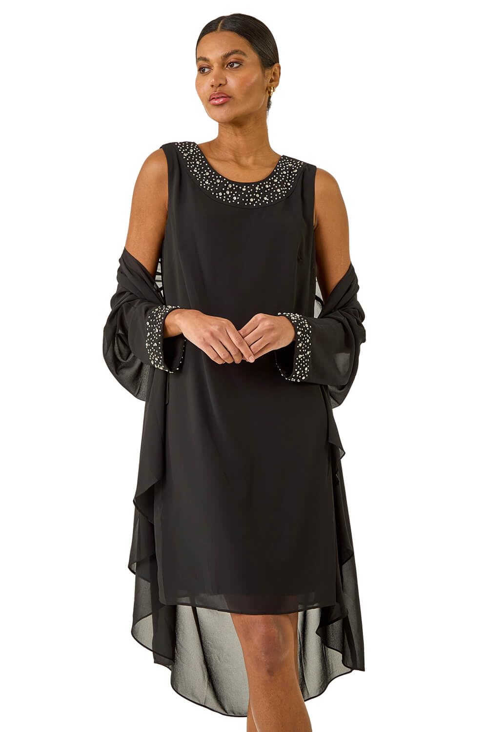 Roman Women's Black Embellished Shift Dress & Shrug Size 12