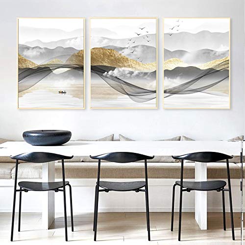 Affiche de toile de paysage de montagne d'or et gris impression d'art mural moderne x3
