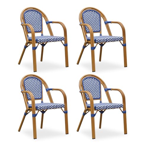 Image of PURPLE LEAF Outdoor French Bistro Armchairs Set of 4, Bamboo Finish, Blue