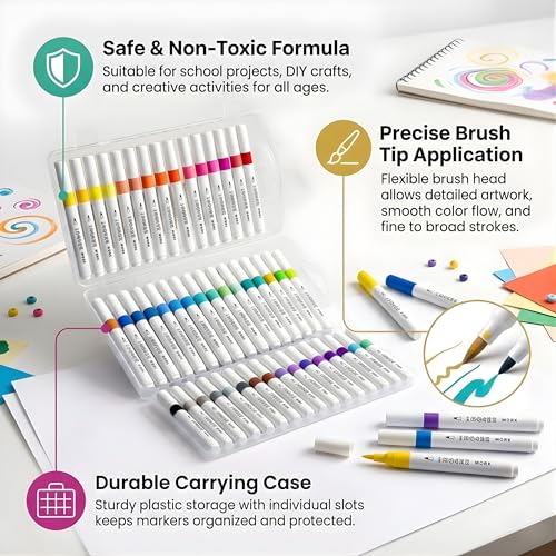 Image of JOUET Professional Acrylic Paint Markers Set, 36 Vibrant Colours, Brush Tip, Water-Based, Non-Toxic, for Rock Painting, Canvas, Glass, Wood, School Projects, with Portable Storage Case