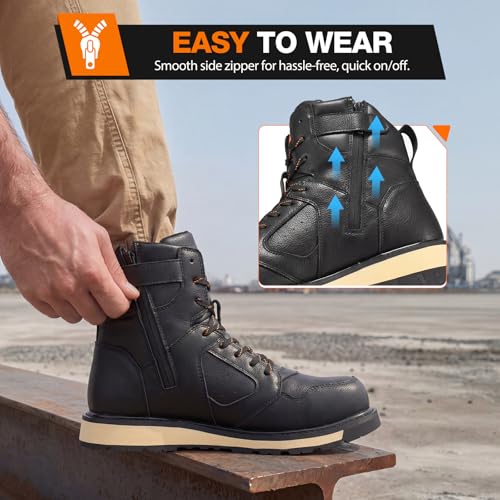 Image of NINGO Steel Toe Boots for Men, Comfortable Water & Slip Resistant Mens Work Boots with Side Zipper, Electrical Hazard Protection Heavy Duty Safety Shoes for Industrial Construction Outdoor Warehouse