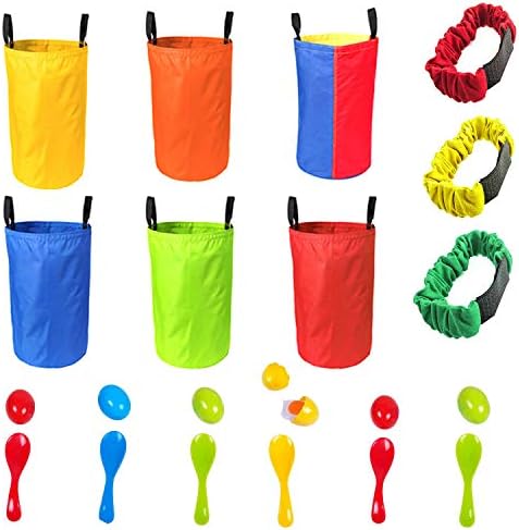 Game Set For Outdoors 6 Sack Race Bags, 6 Spoons and Eggs and 3 Adjustable Leg Bands Party Games For All Ages Kids in School or Family Parties