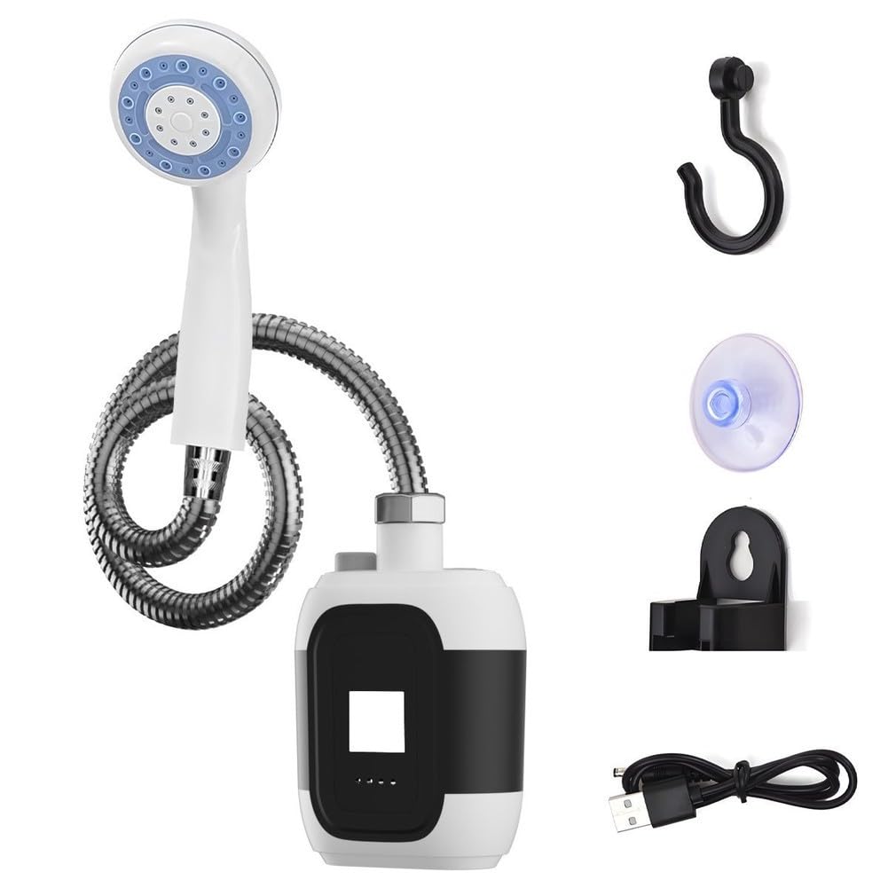 KiraKira Wiederaufladbare tragbare Campingdusche mit integriertem LED-Licht, wasserdichte elektrische Pumpe für Outdoor-Abenteuer, Hochdruck-Schwarz