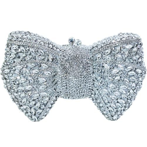 Image of Handmade Inlay Rhinestone Bow Clutch Bag for Women, Sparkling Evening Party Wedding Purse with Detachable Pearl Chain