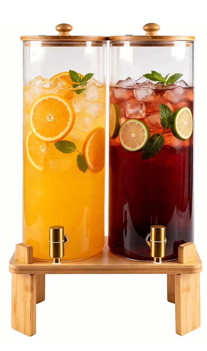 Photo 1 of 2 Gallon 2 PCS (4 gallon) Beverage Dispenser With Bamboo Wood Stand,Large Glass Drink Dispenser for Parties,Large Water Dispensers with Spigot,Juice Containers & Water Pitcher,Lemonade Dispenser