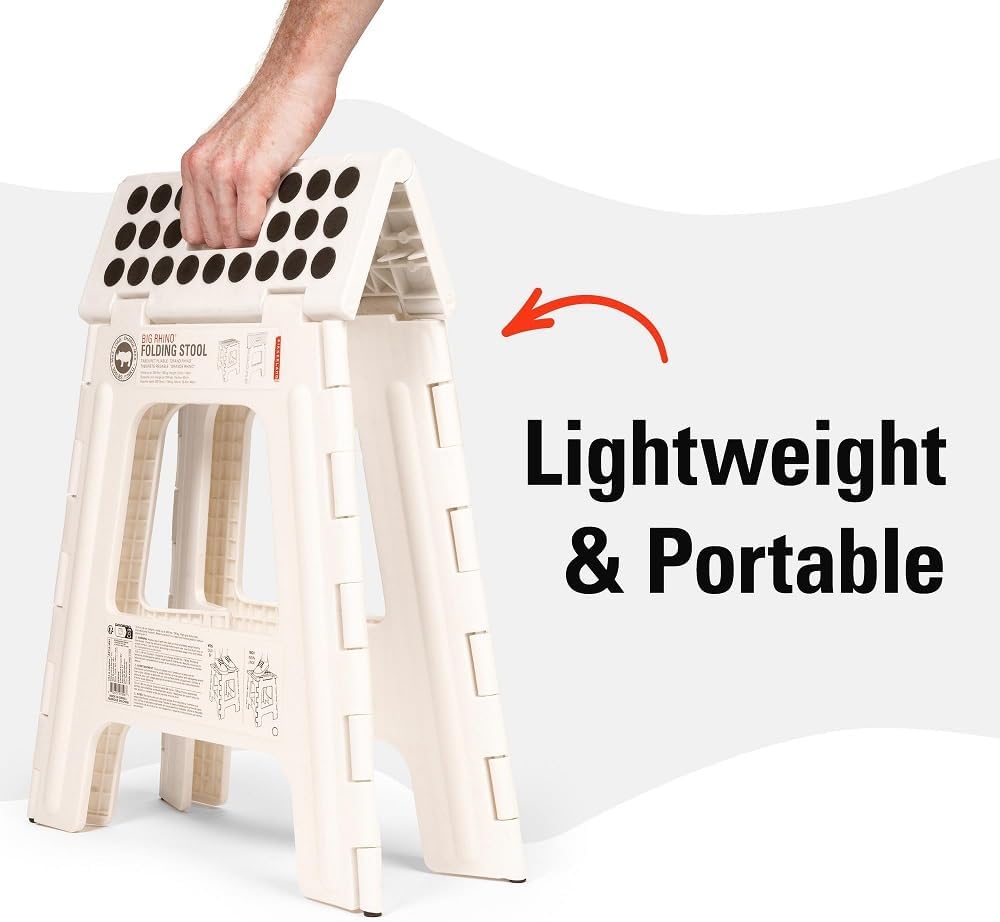 Kikkerland Rhino Foldable Step Stool – Holds Adults up to 300 Lbs, Best for Kitchen & Bathroom – Collapsible, Portable, Lightweight Stepping Stool with Sturdy, Non-Slip Design – White, 15”