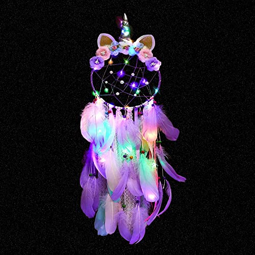 SoulQool Einhorn-Traumfänger mit Lichtern, bunte Federn, handgefertigt, Traumfänger, Blumen für Schlafzimmer, Wandbehang, Dekoration (lila mit bunten Lichtern)
