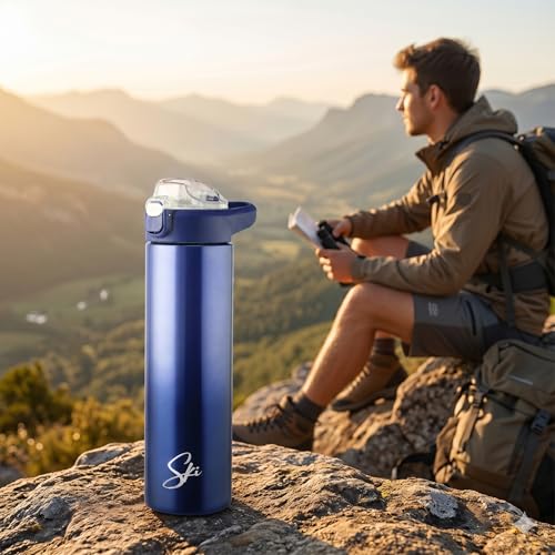Image of SKi Homeware Stainless Steel Sipper Water Bottle with Push Button Flip-Top Cap, 750ml, for School, Office, Gym, Travel, Adults & Teens, Leakproof, Rust Free, Dual Colour Grey Gradient (Marco-Blue)