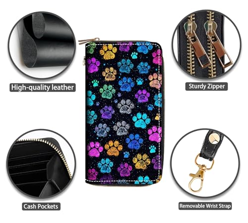 Colorful Dog Paw Prints Print Women Large Capacity PU Leather Double Zipper Wallet, Multifunctional Clutch Purse for Cash/Card/Coin/Smart Phone4