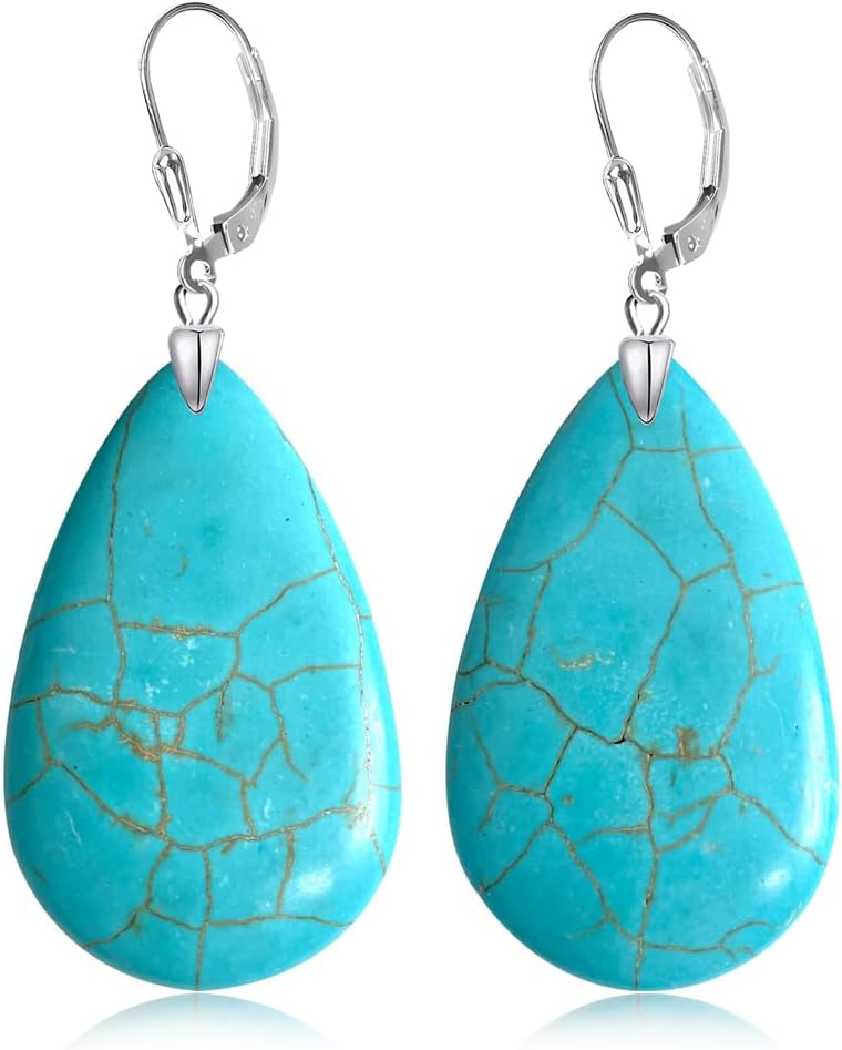 HAIXIAN Big Waterdrop Turquoise Stone Dangle Earrings,Simple Single Gemstone Western Earrings for Women