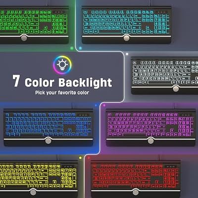 KOPJIPPOM Large Print Backlit Computer Keyboard, USB Full Size Wired Keyboards with 7-Colors Backlight, Wrist Rest, Light Up Keyboard for Windows, PC, Laptop - Easy to See, Easy to Setup