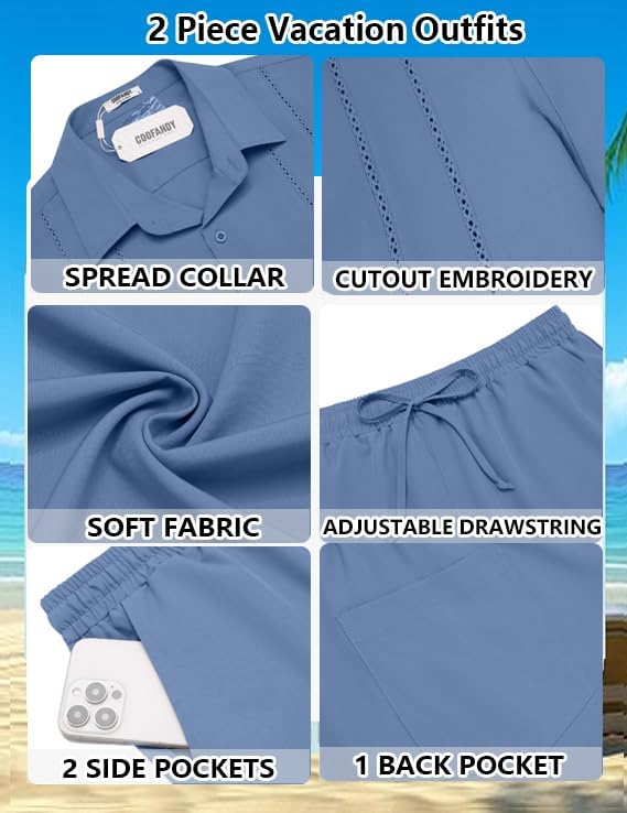 COOFANDY Men's 2 Piece Outfits Cuban Guayabera Short Sleeve Shirts and Shorts Summer Beach Vacation Sets for Men - Image 6
