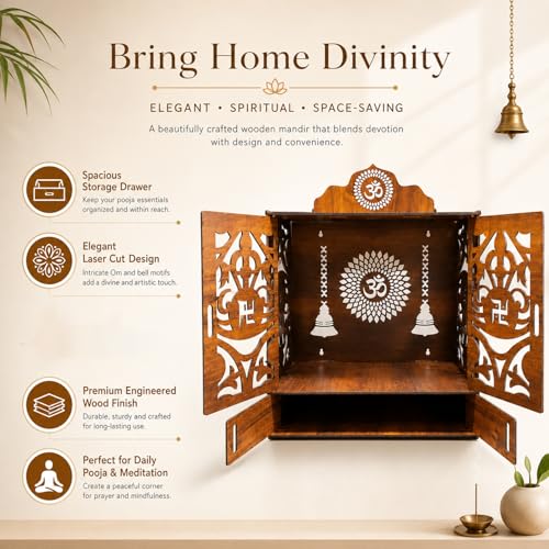 Image of SIGNAMIO Mandir for Home with Door & LED Light | Wooden MDF Pooja Temple | Temple for Home with Door | Wall Mounted Hanging Home Temple with Storage Drawer