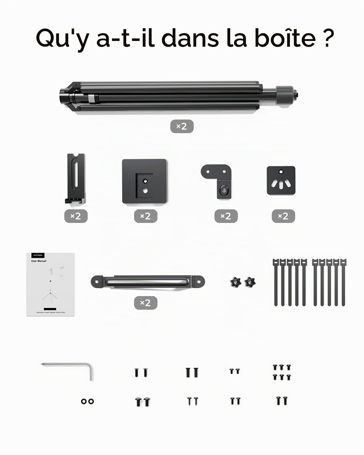 ULTIMEA Steady 310 – Lot de 2 Supports d’Enceintes universels Noirs, réglables en Hauteur de 62 à 93 cm, pour Enceintes Satellites et de bibliothèque, Charge maximale de 3 k