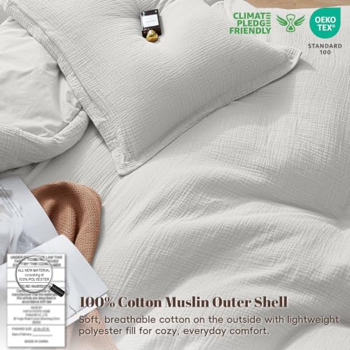 Image of PHF Cotton Muslin Comforter Set King, Ultra Soft Breathable, Light Grey