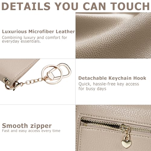 Image of Women Small Wallet RFID Blocking Slim Wallet with Coin Pocket Tri-Fold Credit Card Holder with ID Window and Keychain (Khaki)