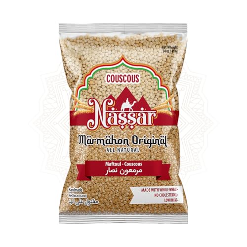 De Mi Pais Couscous Marmahon Original Nassar - Handmade, High in Fiber, Good Source of Energy, Middle Eastern Pantry Essential, Whole Wheat Couscous Pearls, 14 Oz,1-Pack