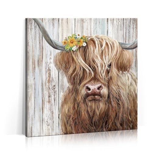 Image of 3LDECOR Highland Cow Wall Decor Canvas Wall Art is ideal farmhouse decor, this brown cow design is both a gift and wall decoration that can be hung in offices, bathrooms, dining rooms, kitchens
