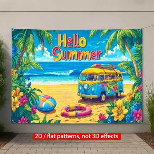 Image of 71x43 Inch Hello Summer Banner Beach Retro Camper Van Backdrop Tropical Ocean Yard Decorations Seasonal Outdoor Decor Fence Sign