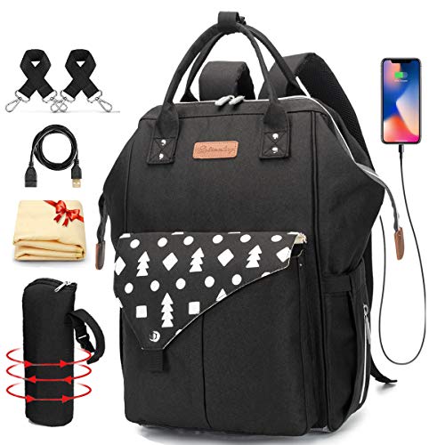 Bolsa para pañales, cambiador de pañales para bebé con cambiador, mochila multifunción para pañales, viene con bolsillos aislados, interfaz USB y correas para cochecito negro Puntos negros.