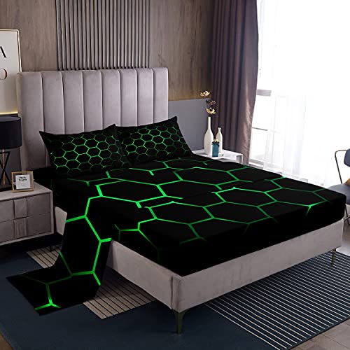 Juego de sábanas hexagonales en 3D geométricas en forma de panal para niños y niñas, juego de cama hexagonal de colmena de lujo, color verde neón y negro, 3 piezas de tamaño individual