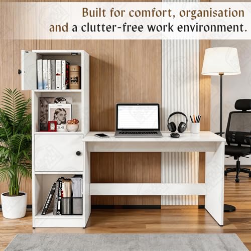 Image of ABOUT SPACE Study Table with Cabinet - Computer Table with 2 Open, 2 Closed Storage Space DIY Engineered Wood Office Desk for PC Laptop Gaming (White - L 158.5 x B 56 x H 146.5cm)