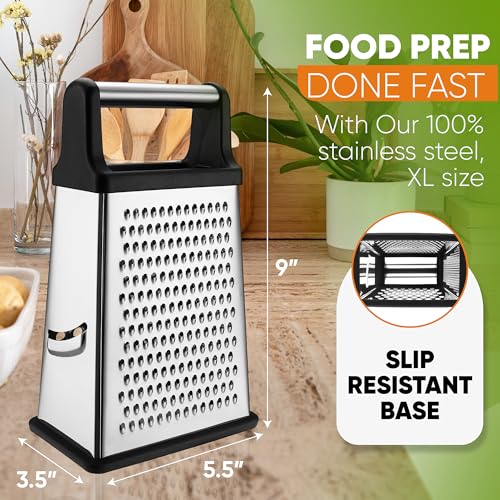 Spring-Chef-Professional-Cheese-Grater-Stainless-Steel-XL-Size-4-Sides-Perfect-Box-Grater-for-Parmesan-Cheese-Vegetables-Ginger-Dishwasher-Safe-Black