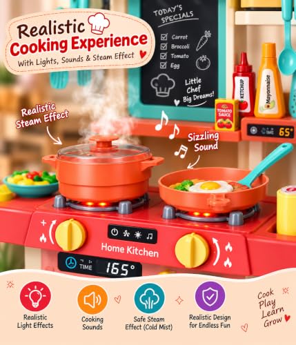 Image of Kids Kitchen Playset with Steam & Running Water, 42 Pcs (Pink)